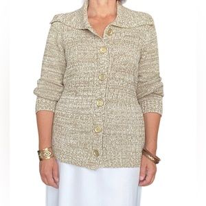 Evan-Picone cream & gold metallic knit cardigan with belt, size M, EUC like new